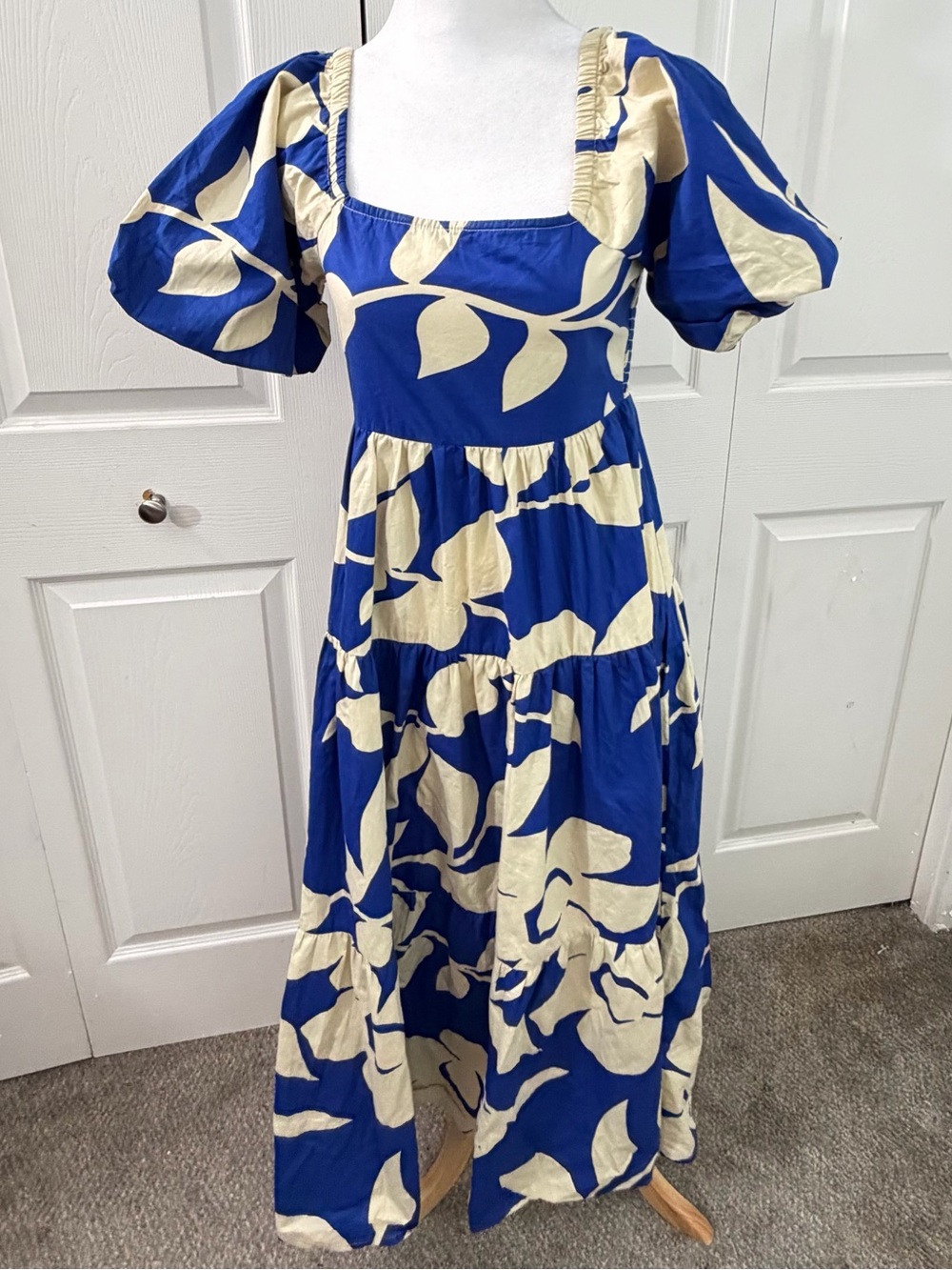 Meadow Rhodes Small Blue Cream Floral Cotton Puff Sleeve Smocked Tiered Dress